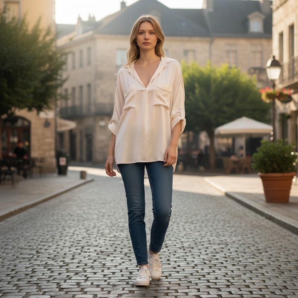 Free People Cream Oversized Satin V-neck Button Down Shirt Lagenlook M READ